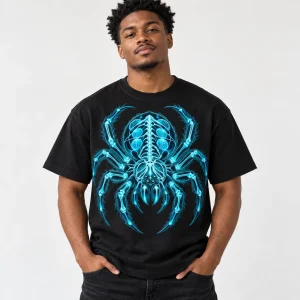 Black American male model wearing black heavyweight X-Ray Spider shirt with bright cyan technical spider artwork